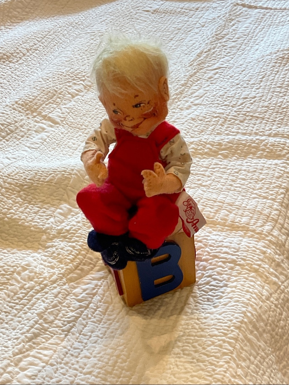 Annalee Red and Blue Boy Doll Sitting on Block